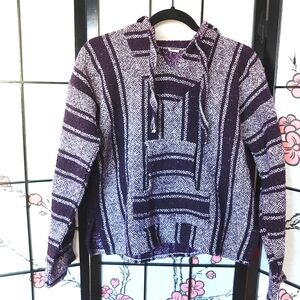 Artesanias Baja Mexican Woven Purple White Striped Sweater Hoodie Size Medium